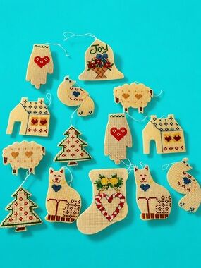 Vintage 1970s Handcrafted Simple Cross Stitch Christmas Ornament Lot of 14